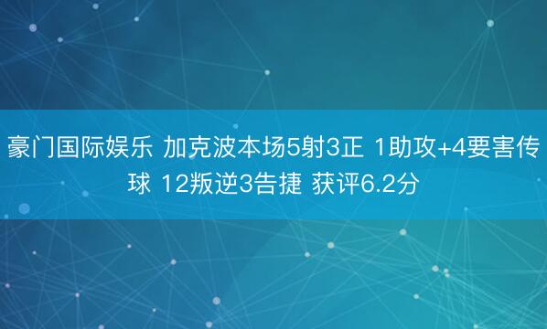 豪门国际娱乐 加克波本场5射3正 1助攻+4要害传球 12叛逆3告捷 获评6.2分